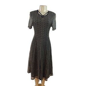 Vintage-Inspired Black & Beige Floral Midi Dress With Sheer Sleeves & Tie-Back